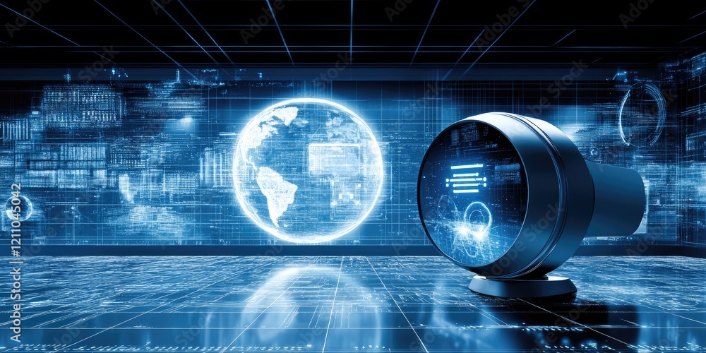 Poster global data network, futuristic device, digital globe background. tech concept
