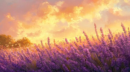 Vibrant lavender field at sunset.