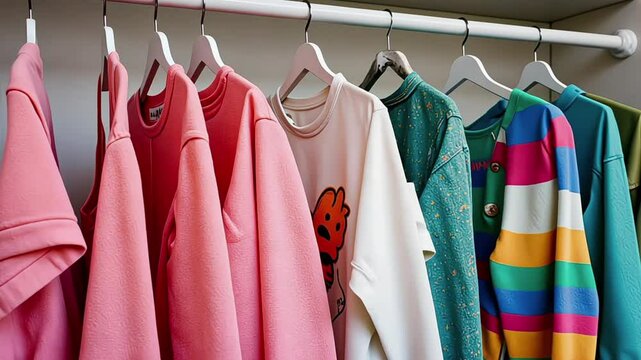 Colorful children's clothes neatly arranged on hangers in a wardrobe vibrant kids apparel closet organization concept