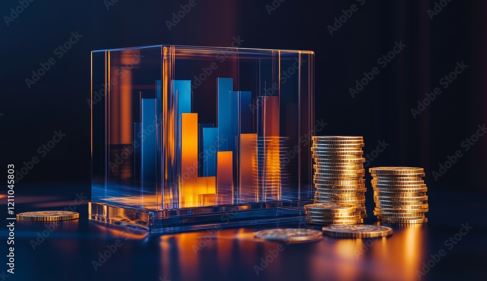 Poster glass cube with bar graph and gold coins.