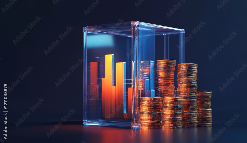 Poster Glass cube with bar graph and rising stacks of coins.