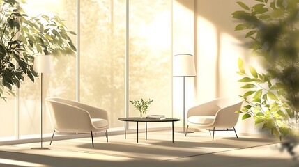 Serene Minimalist Living Room Sunlight Illuminates Tranquil Space