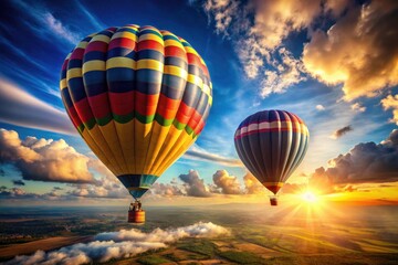 Naklejka premium Stunning Blue Sky Landscape, Two Balloons, Aerial View, High-Resolution Photo, Breathtaking Scenery, Nature Photography