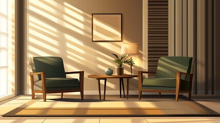 Fototapeta premium Sunlit Living Room with Two Armchairs and a Coffee Table