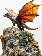 Fototapeta premium Dragon statue perched on rock, clear sky background; fantasy, decor