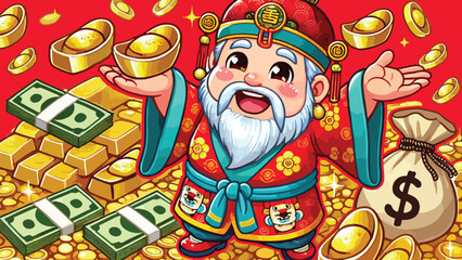 Illustration of The God of Wealth (Cai Shen) smiling and holding gold ingots