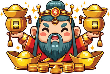 Illustration of The God of Wealth (Cai Shen) smiling and holding gold ingots