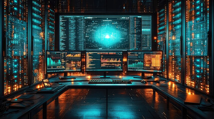 Modern server room interior with multiple monitors displaying data and code.