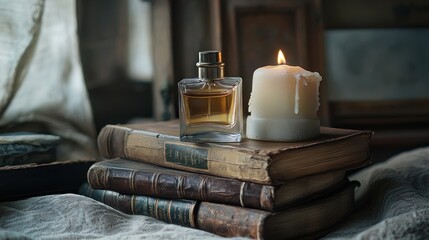 Perfume bottle and burning candle on antique books.