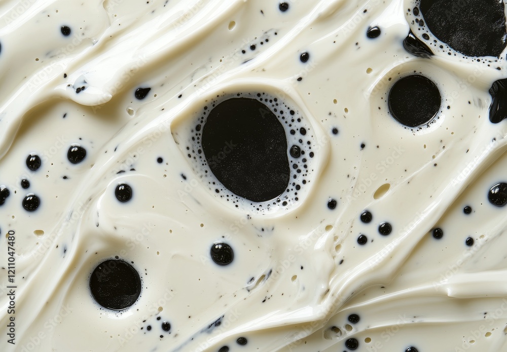 Poster abstract creamy texture with black swirls and dots.