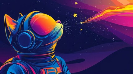 A vibrant cat astronaut gazes at a shooting star. Colorful space art.