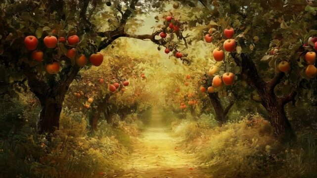 Autumn orchard pathway with sunlit apple trees and falling leaves