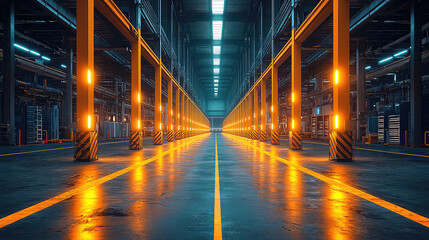 Illuminated industrial warehouse interior with vibrant orange and blue lighting, long perspective view of empty aisles and metallic structures.