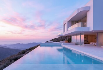 Fototapeta premium Modern villa with swimming pool at sunset