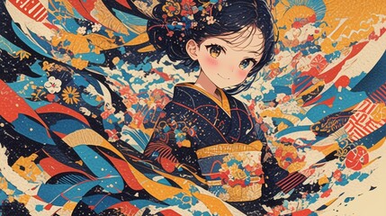 Fototapeta premium 深紅の着物を着た女の子のイラスト4