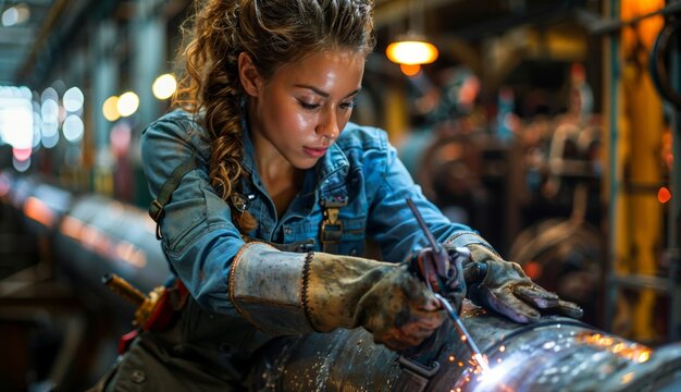Empowering women female welder in action at manufacturing plant workshop