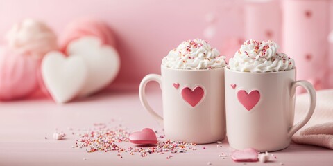 Cozy and romantic Valentine's Day celebration with heart-shaped mugs and delightful toppings