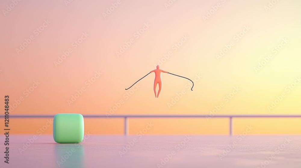 Poster abstract figure with ribbons floating above a cube shape