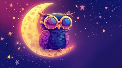 Fototapeta premium Adorable owl perched on a crescent moon, surrounded by twinkling stars. Night sky, vibrant colors.