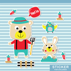 Cartoon farmer bear holding a pitchfork with rabbit, carrots, and playful garden-themed stickers on striped background. Kids and farming concept

