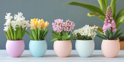 Colorful spring flowers arranged in pastel decorative pots on a table