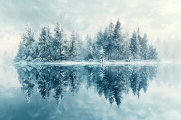 Snow-covered island forest reflected in a calm, icy lake under a cloudy winter sky.