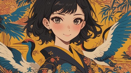 ダークインディゴの着物を着た女の子のイラスト10