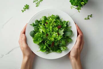 A fresh green salad served on a white plate, held by two hands.