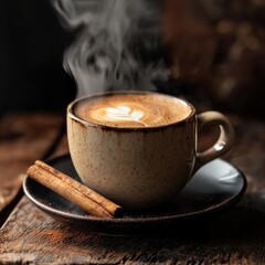 Fototapeta premium Steaming latte art in a rustic cup with cinnamon sticks.