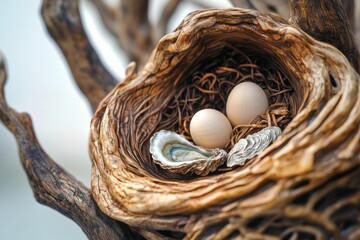 Two eggs nestled in a rustic wooden bird's nest with oyster shells.
