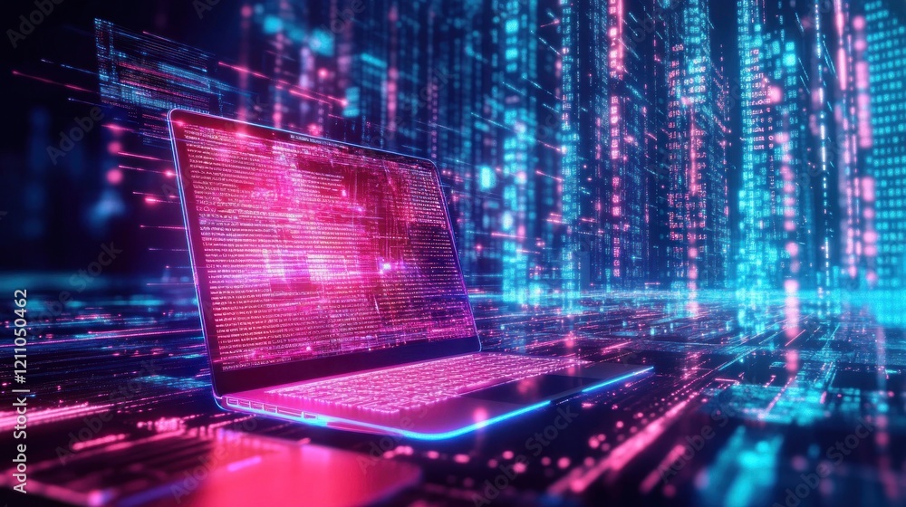 Poster cyberpunk digital cityscape: a neon-drenched laptop in a matrix of binary code