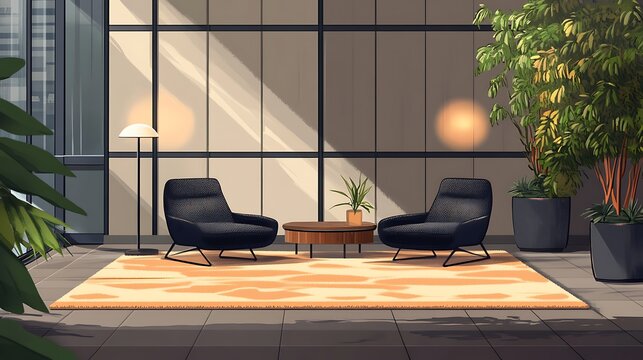 Modern Sunlit Lounge Area With Two Chairs And Plants