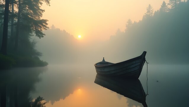 An empty, weathered boat on a still, misty lake at sunrise