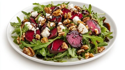 A plate of colorful roasted beet salad with arugula, goat cheese, candied walnuts