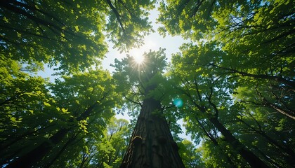 Fototapeta premium Looking Up at the Sun Through a Lush Canopy of Green Trees in a Forest