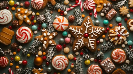 An intimate look at a Christmas tree decorated with colorful baubles, sparkling lights, gingerbread treats, and candy.