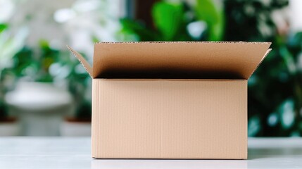 Open cardboard box on table, plants blurred background, delivery concept