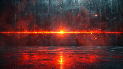 Fototapeta premium Red light beam illuminates dark grunge room; smoke, reflections on wet floor.