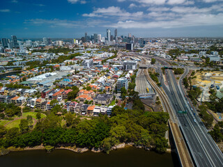 Aerial shot of highway connecting to Perth CBD in Australia