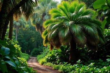 Obraz premium Palmetto bush with lush green fronds and Spanish moss, moss, palmetto, atmosphere