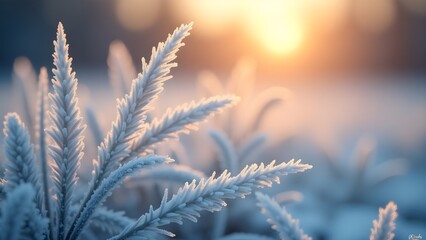 Frost-covered grass at dawn with soft bokeh lighting