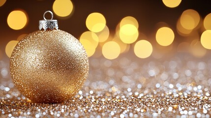 Golden Glitter Christmas Ornament on Sparkling Background