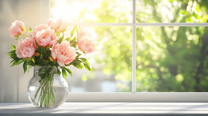 bouquet of pink peonies arranged in clear glass vase sits on windowsill, bathed in soft sunlight with blurred green garden view in background, evoking serene and fresh ambiance