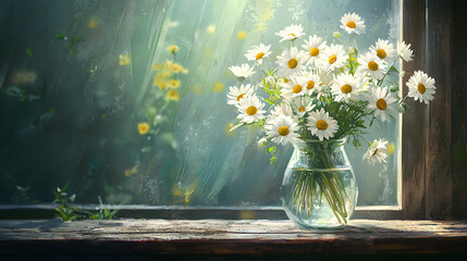 bouquet of white and yellow daisies in glass vase sits on wooden windowsill, bathed in soft sunlight streaming through window, creating serene and peaceful atmosphere © Aekkawass
