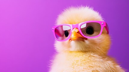 Fluffy chick wearing pink sunglasses poses adorably against a vibrant purple backdrop