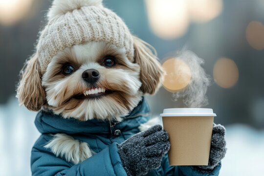 Happy cute baby dog shih tzu in winter warm clothes, holding hot tea with rising steam in paws. Veterinary care. Amusing pets. Dog winter walks. Winter dog pajamas. Puppy snow play.
