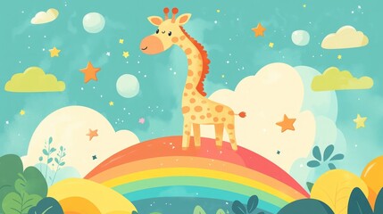 Obraz premium Adorable giraffe standing on a rainbow in a whimsical, colorful landscape.