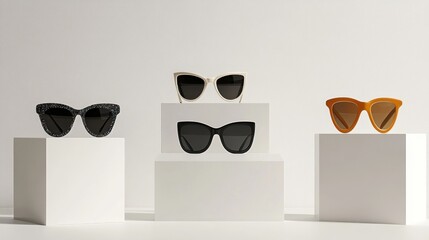 Stylish sunglasses display, studio backdrop, white cubes, fashion advertising