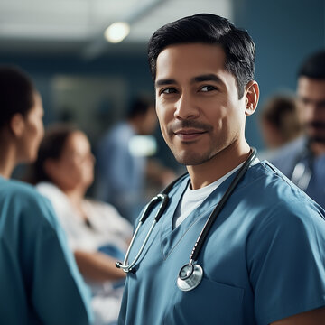 Un doctor hispano cari&ntilde;oso interactuando con pacientes en un hospital concurrido, vistiendo uniformes profesionales y usando un estetoscopio, con iluminaci&oacute;n din&aacute;mica.