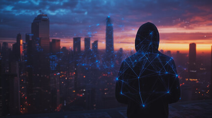 Hacker are planning to hack and attack networks and cyber security systems.Smart digital city with connection Innovation network reciprocity over the cityscape